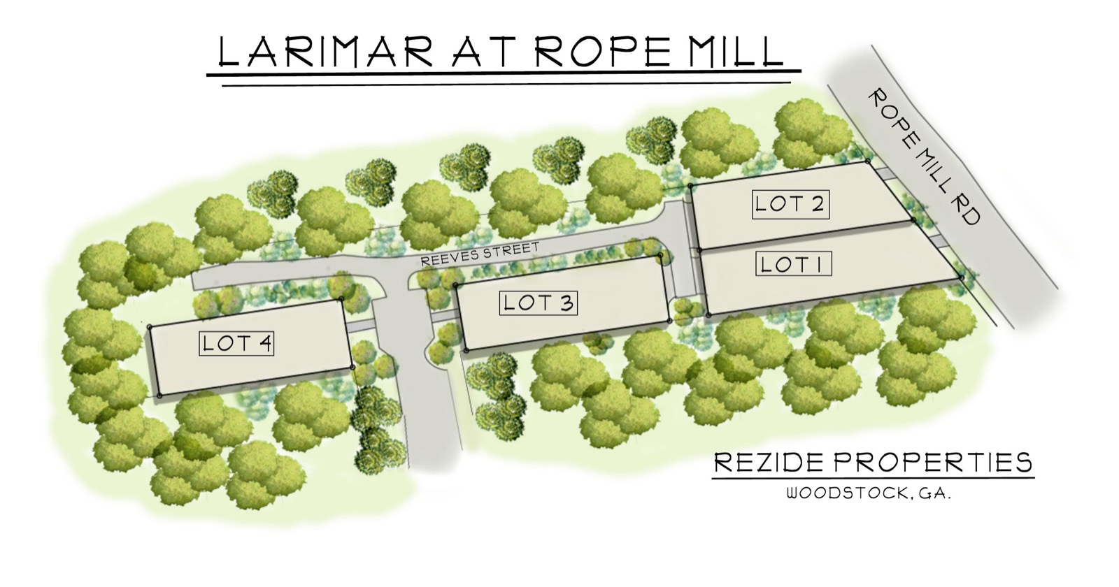 Larimar at Rope Mill site plan — four homesites on Reeves Street off Rope Mill Road