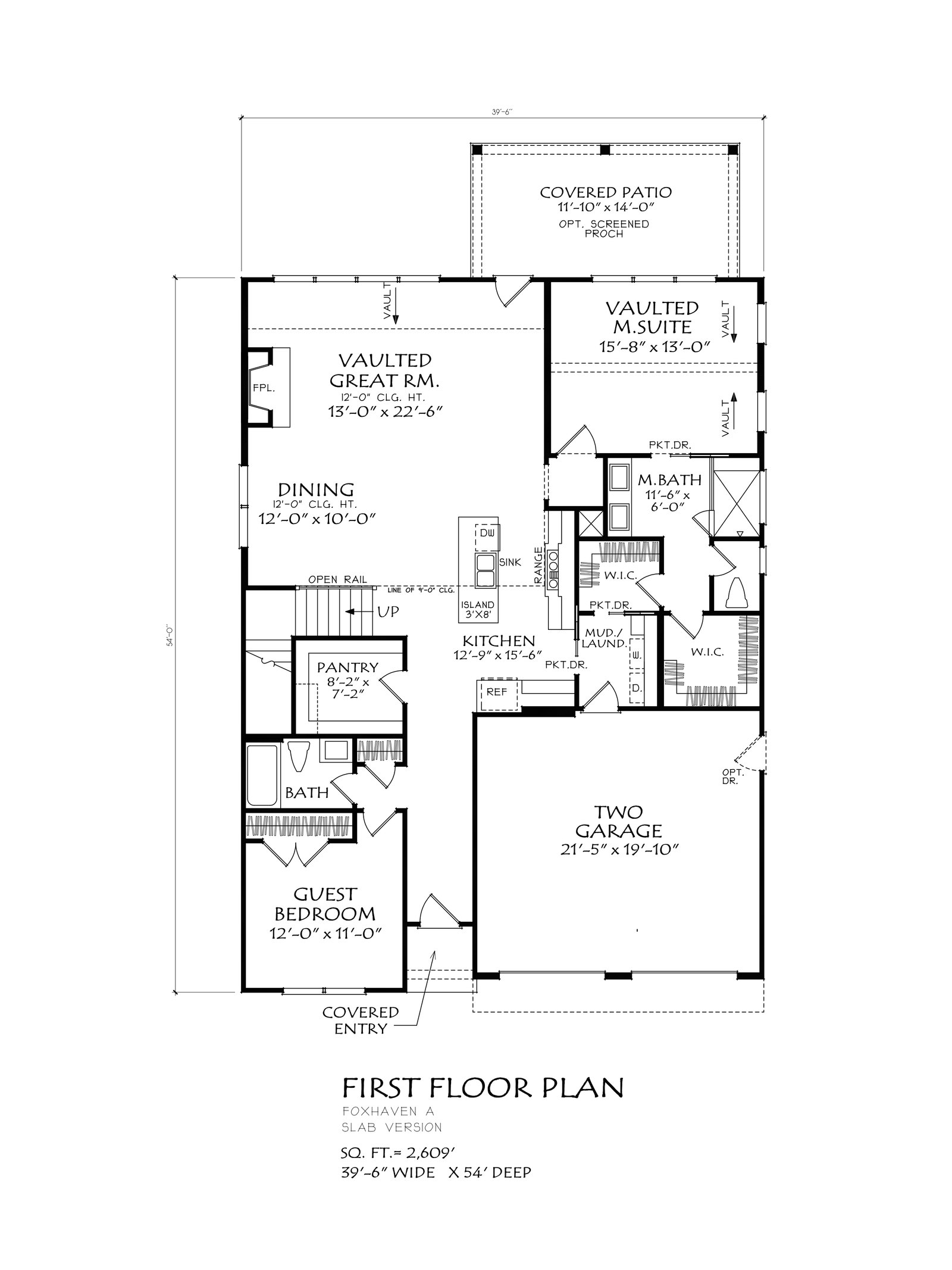 Foxhaven first floor plan — vaulted great room, dining, kitchen with island, vaulted owner's suite, guest bedroom, covered patio, two-car garage
