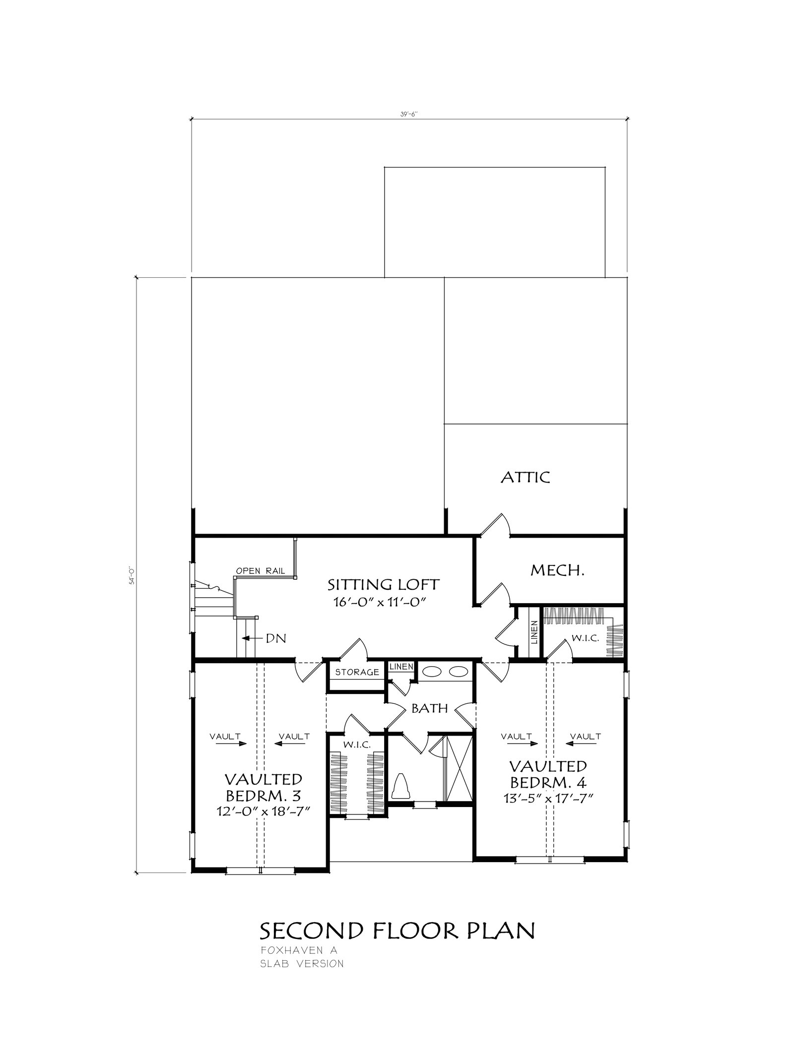 Foxhaven second floor plan — sitting loft, two vaulted bedrooms, full bath, mechanical and attic storage