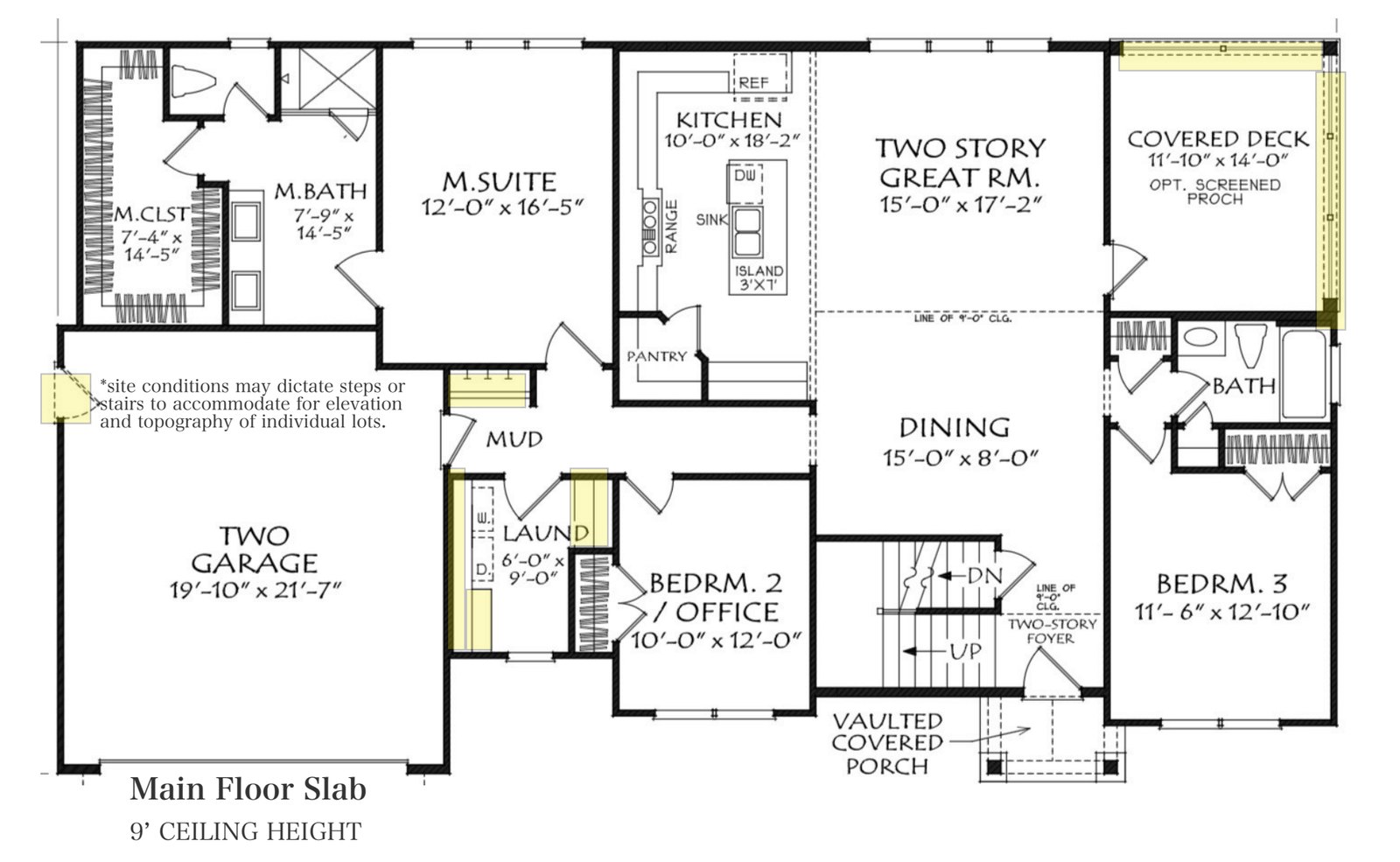 Maplewood main floor plan — kitchen, two-story great room, dining, primary suite, bedroom 2/office, bedroom 3, covered deck