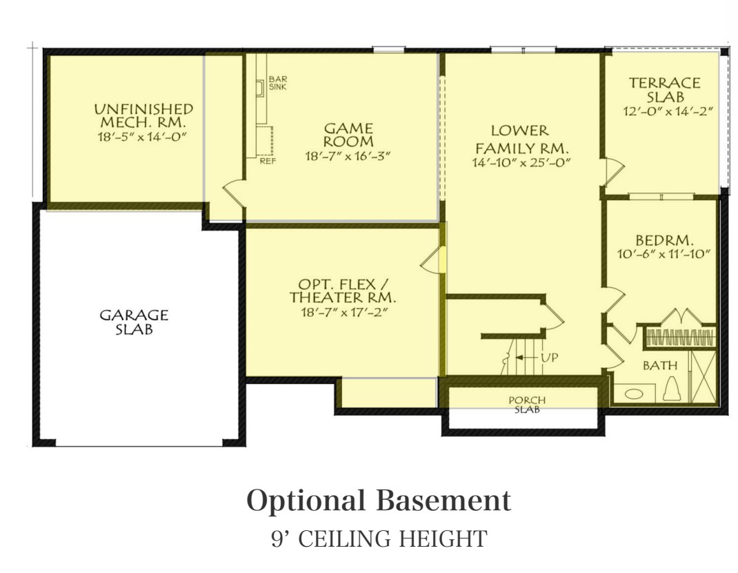 Maplewood optional terrace level plan — game room, lower family room, bedroom, bath, optional flex/theater room