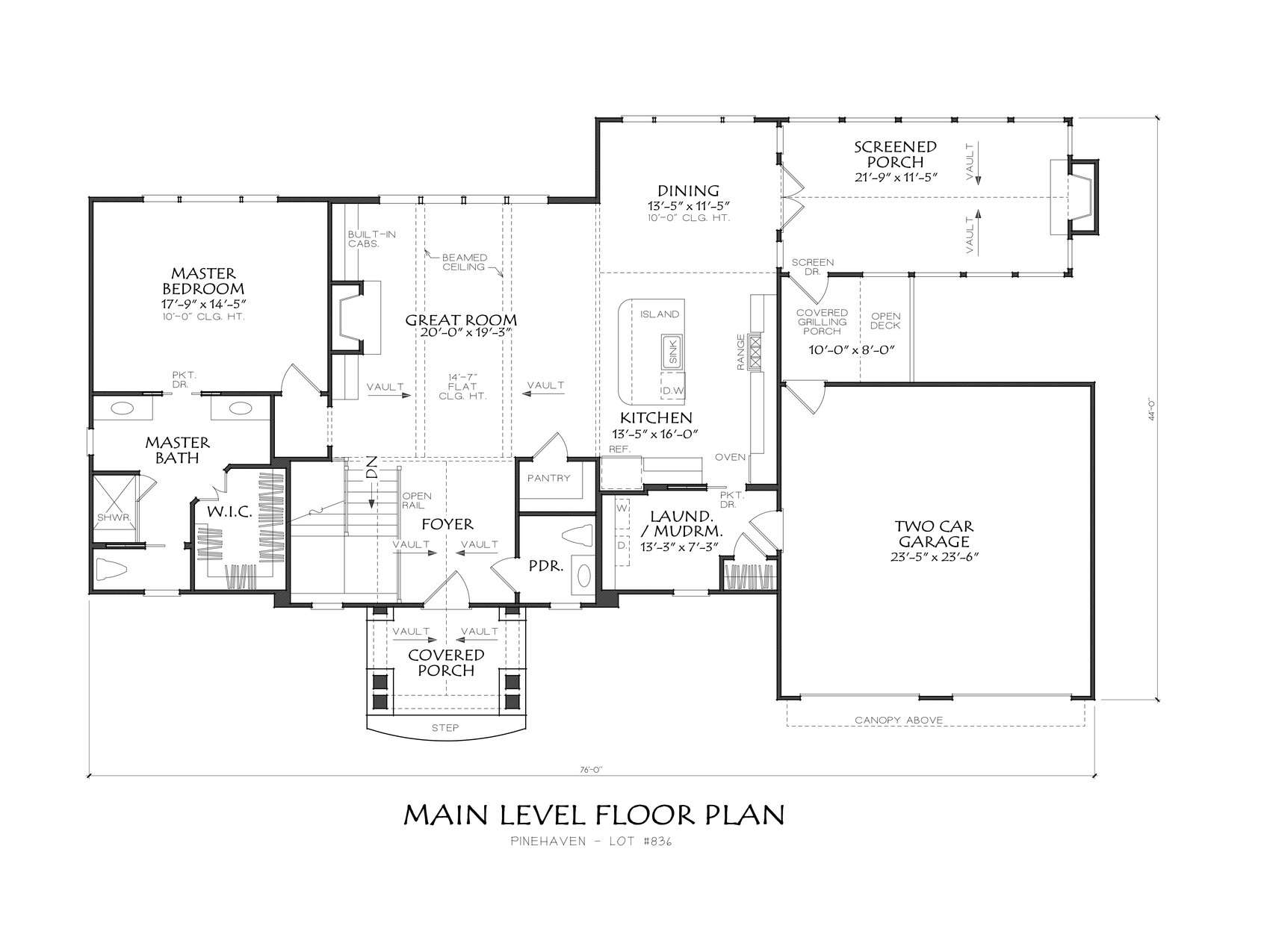 Pinehaven main level floor plan — beamed great room, kitchen with island, dining, screened porch, grilling porch, owner's suite, two-car garage