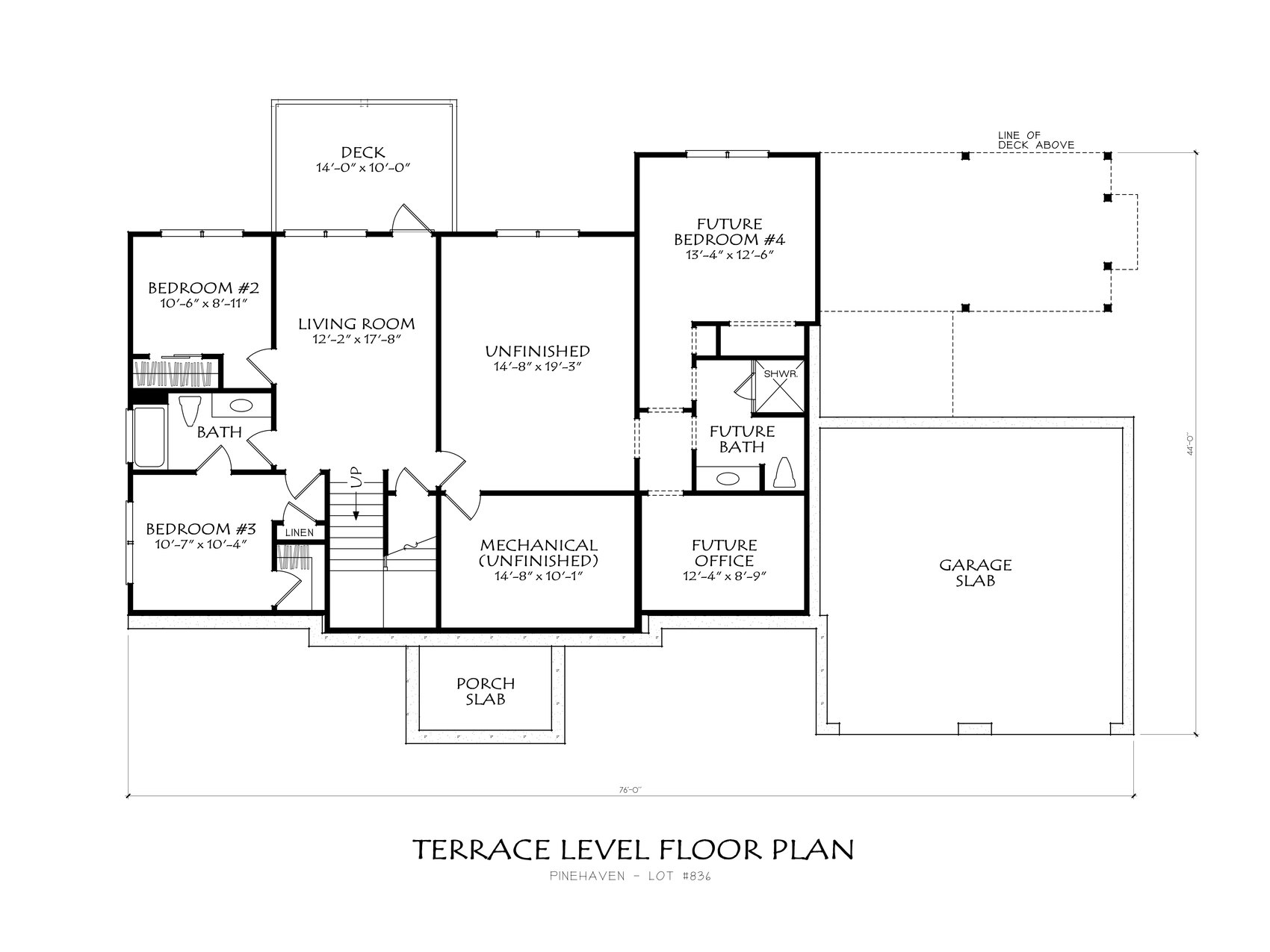 Pinehaven terrace level floor plan — living room, two bedrooms, full bath, lower deck, plus future bedroom, bath, and office